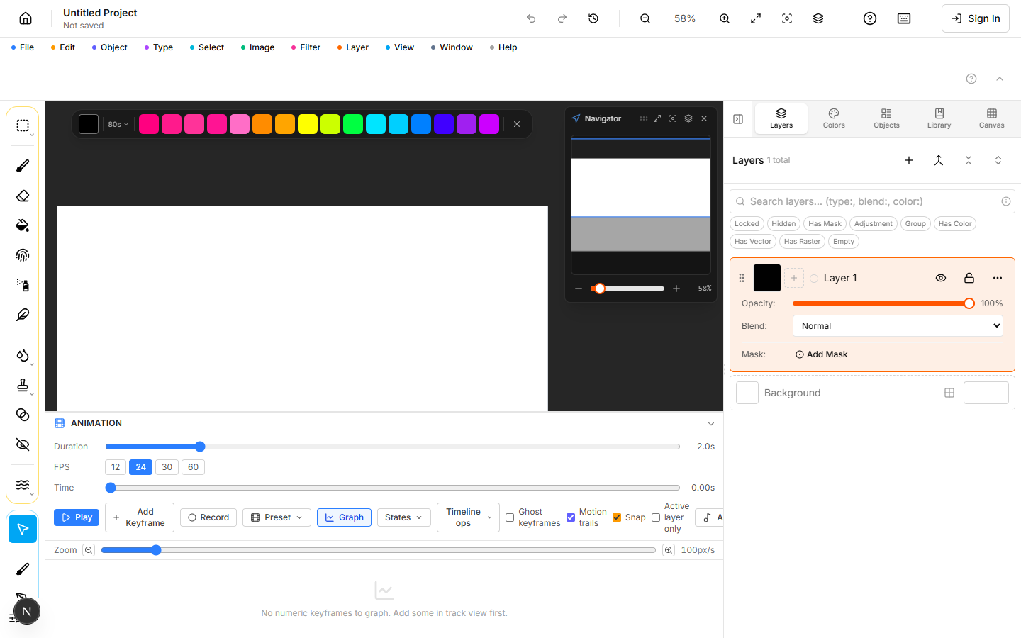 Animation panel with the Graph button toggled on, showing the empty-state message