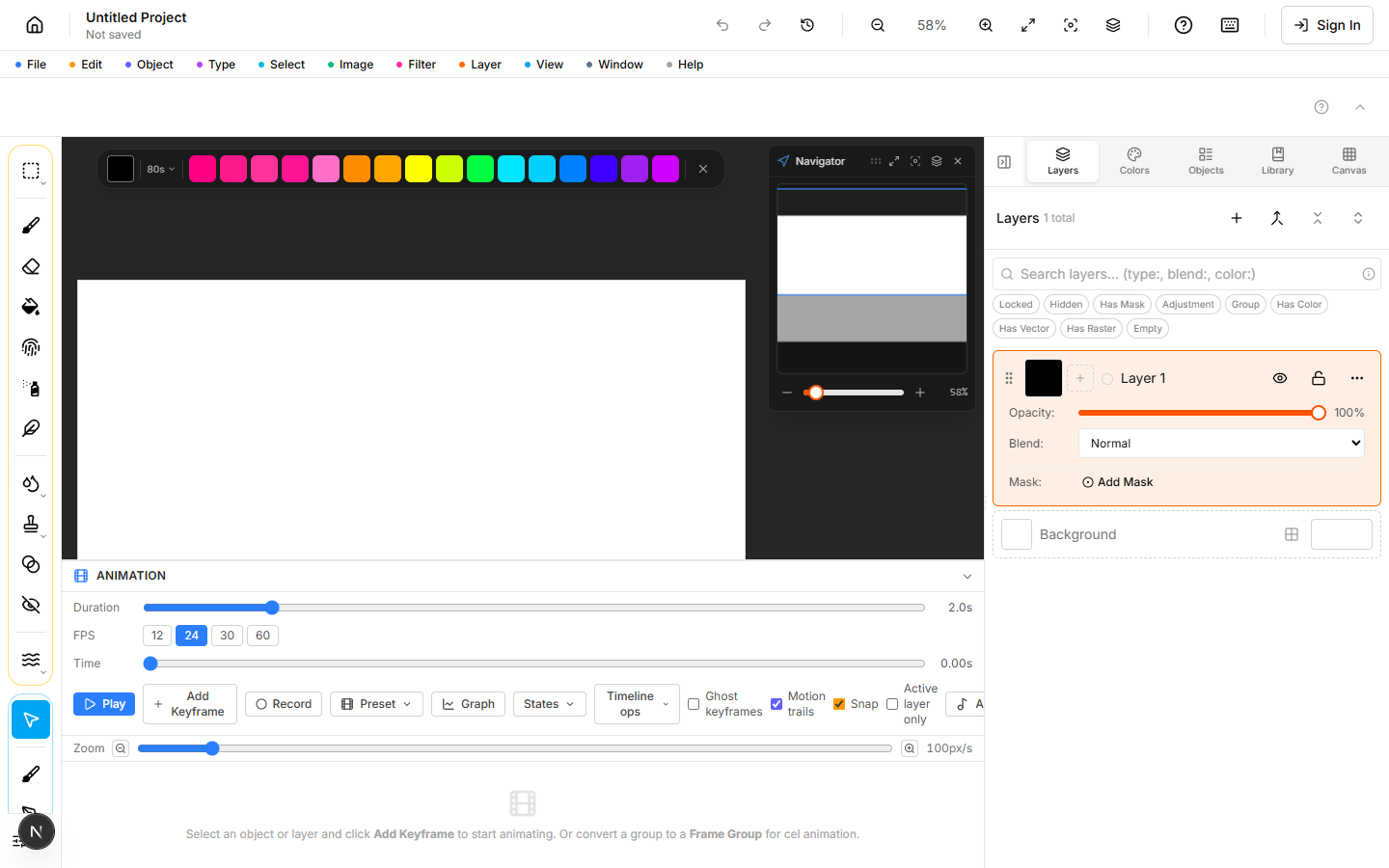 The Animation panel docked at the bottom of the editor showing the Duration slider, FPS picker, time scrubber, transport buttons, and the empty track area awaiting keyframes.
