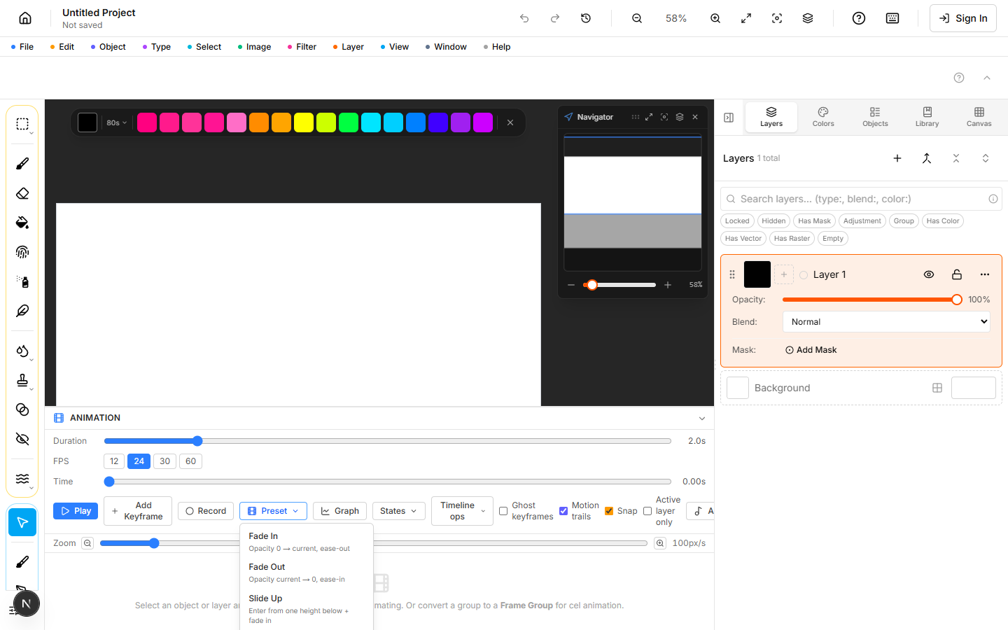 Animation preset dropdown expanded showing the built-in presets
