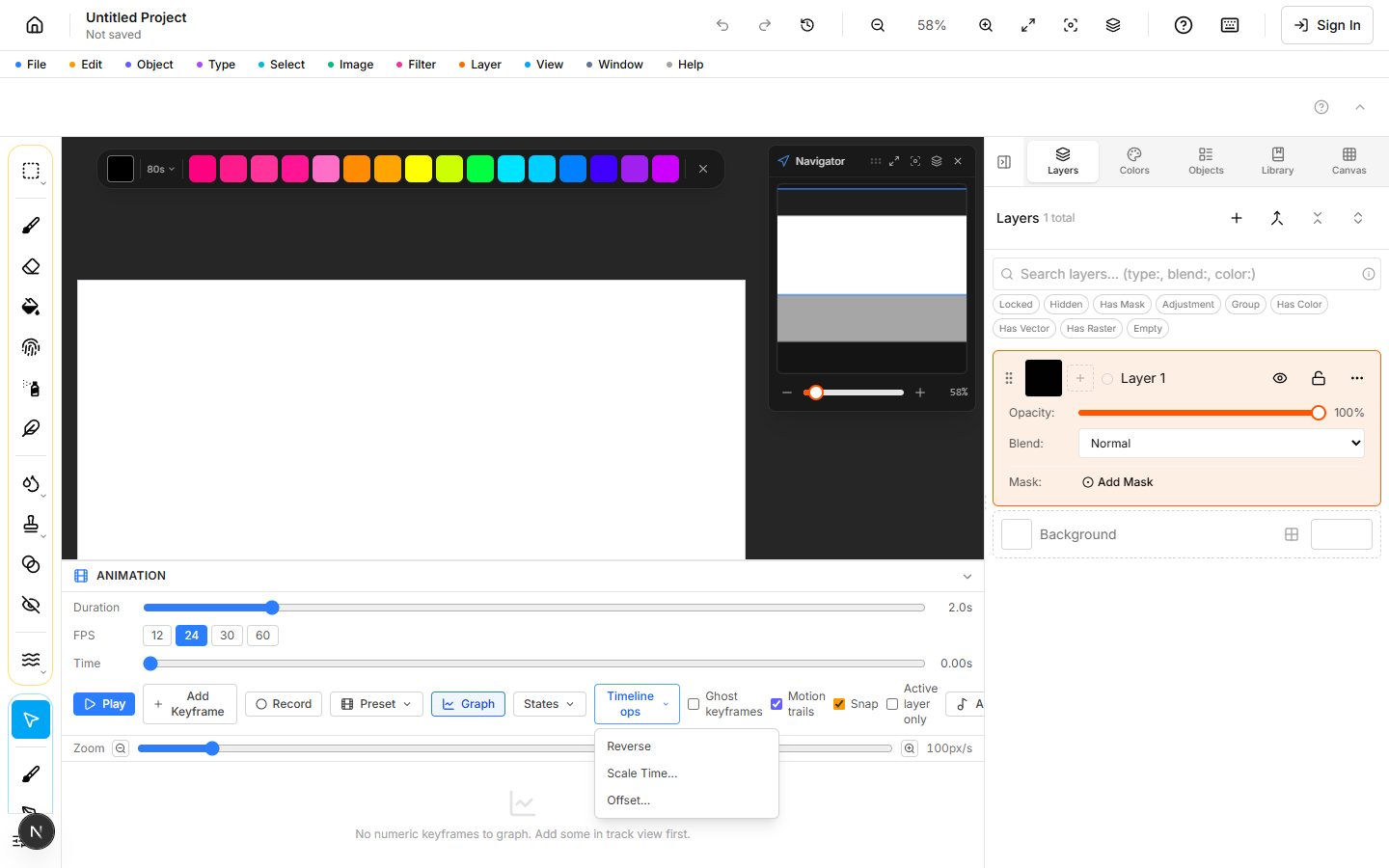 Timeline ops dropdown expanded in the animation transport bar