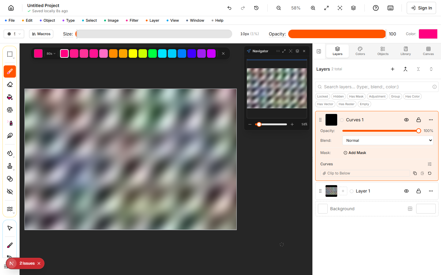 The editor showing a colorful plasma-textured raster layer with a Curves adjustment layer stacked above it in the Layers panel.